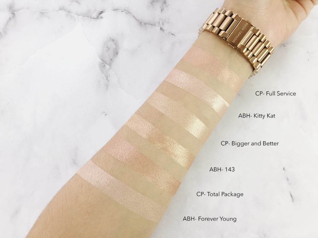 Aquí les dejo los swatches de la paleta Gimme More de Colourpop. Están siendo comparados con el Glow kit de Anastasia Beverly Hills y Nicole Guerriero